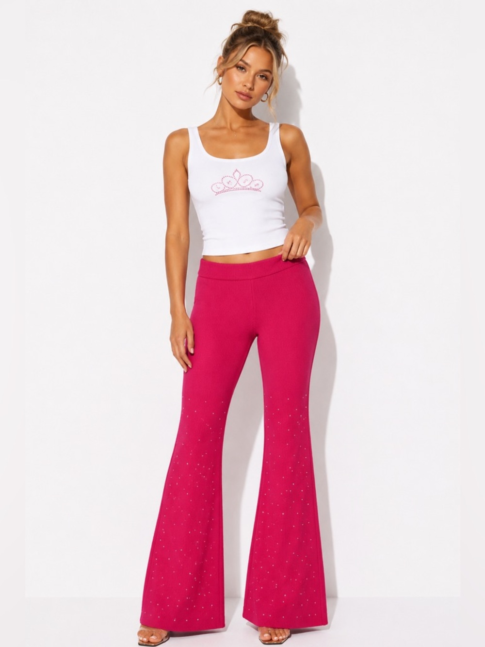 Beach Bunny Ariana Rhinestone Flare Pants  Elevated Loungewear NWT Pink M